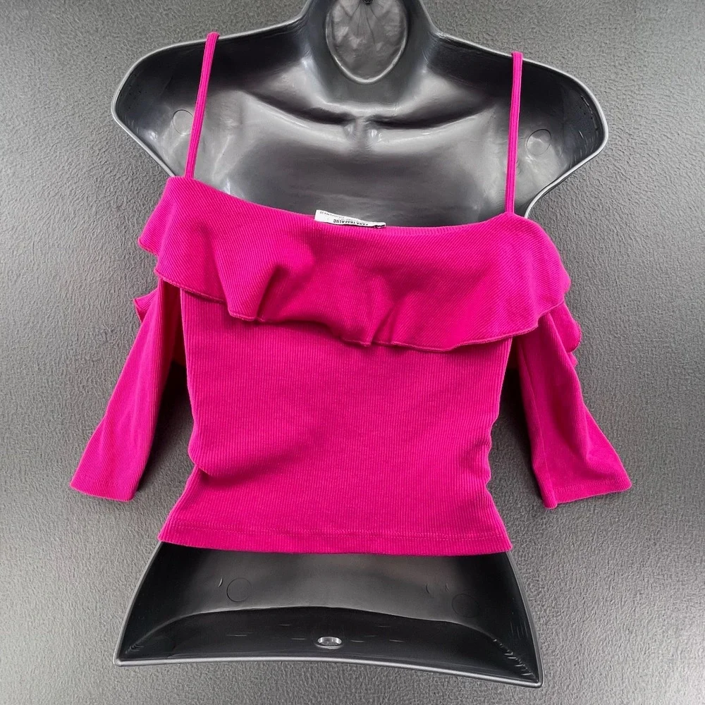 Zara Women Cold Shoulder Top Pink Ribbed Cotton L Ruffle Y2K Barbiecore